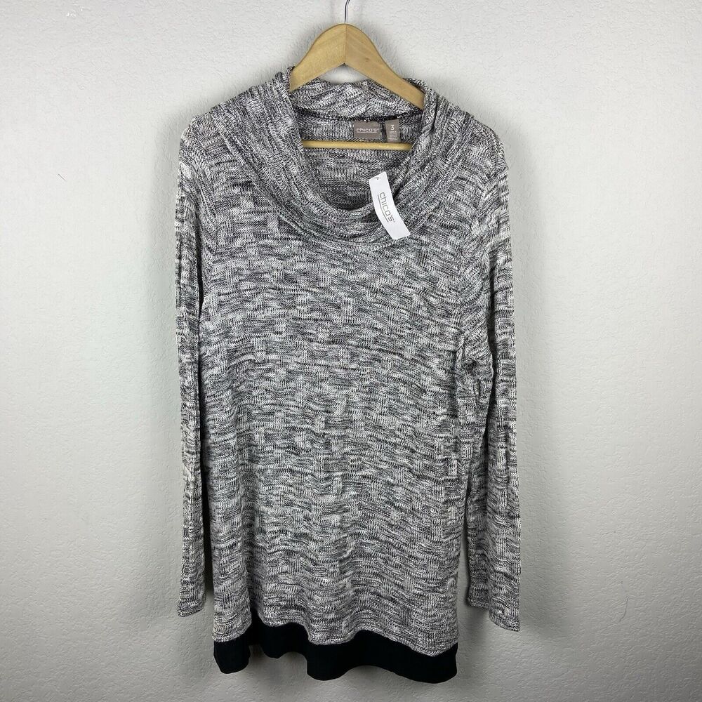 Chico’s Tunic Sweater Cowl Neck Spacedye Black Hem Soft Knit US Size XL (3) NWT